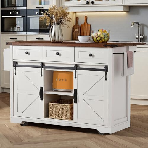 53.7" Farmhouse Kitchen Island with Power Outlet,2 Sliding Barn Door Storage Island with Drop Leaf,Spice Rack and 3 Drawers,Rolling Kitchen Cart on Wheels for Dining Room, White
