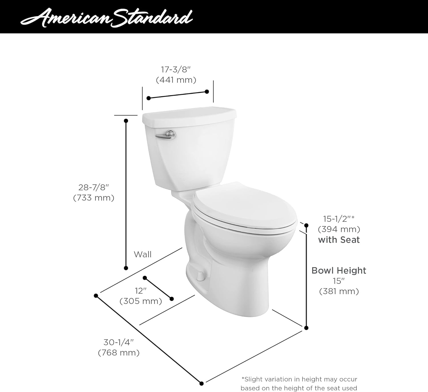 American Standard 270CA001.020 Cadet 3 Elongated Two-Piece Toilet with 12-Inch Rough-In, White