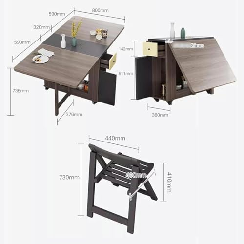 Folding Dining Table, Space Saving Dinner Table with Storage Space and 4 Wheels, Table and Chair Combination Set for Kitchen Small Spaces Apartment,Brown,with 4 Chairs, Wood