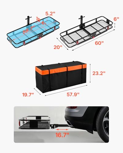 VEVOR 60x24x6 Folding Hitch Carrier - 500lb Capacity Cargo Basket & Waterproof Bag, Fits 2" Hitch Receiver for SUV, Truck, Pickup