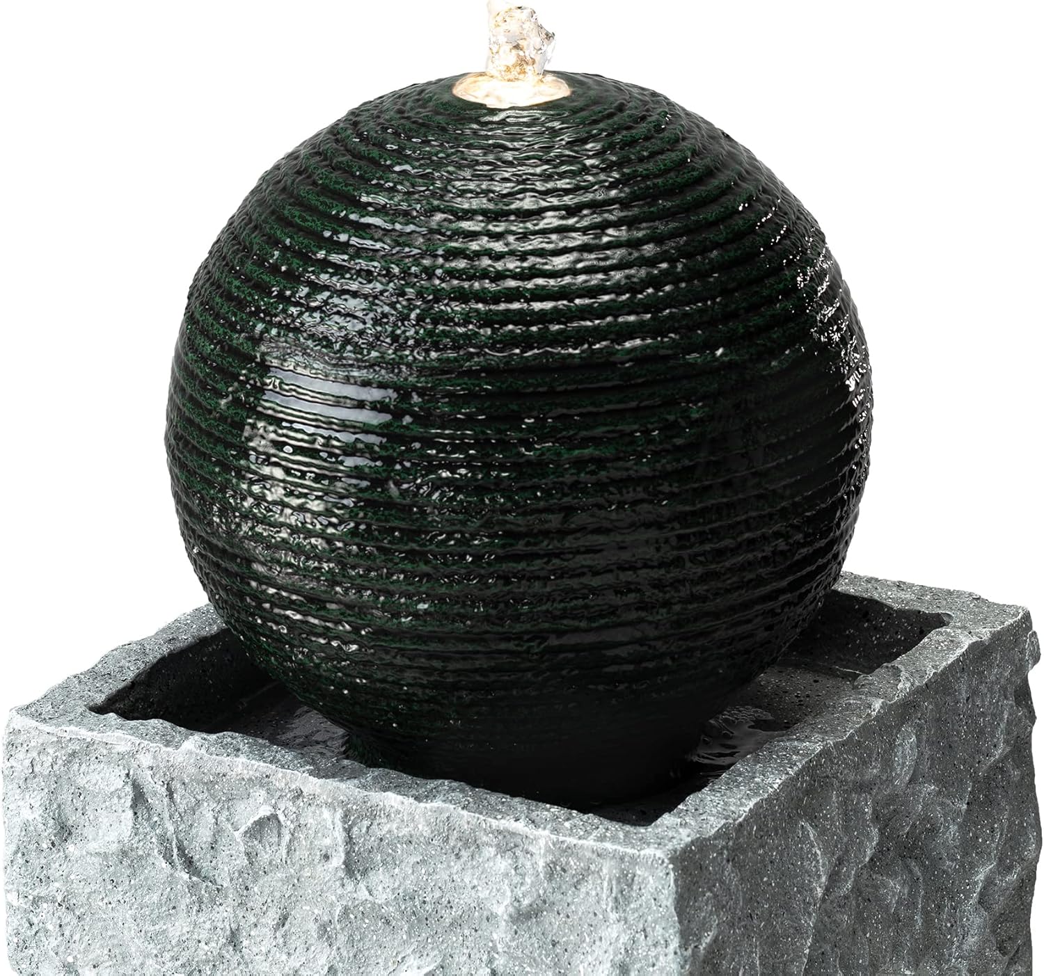 Glitzhome 2 Tiers Outdoor Water Fountain Modern Stacked Sphere Spillway Garden Decor with Pump and LED Light, 34.75" H
