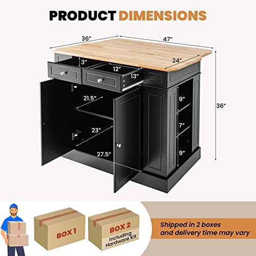 LOKO Kitchen Island with Drop Leaf, Kitchen Storage Cabinet with Rubber Wood Top, 2 Drawers, 5 Adjustable Shelves & Spice Racks, Island Table for Kitchen Home Coffee Bar, 47 x 36 x 36 Inches