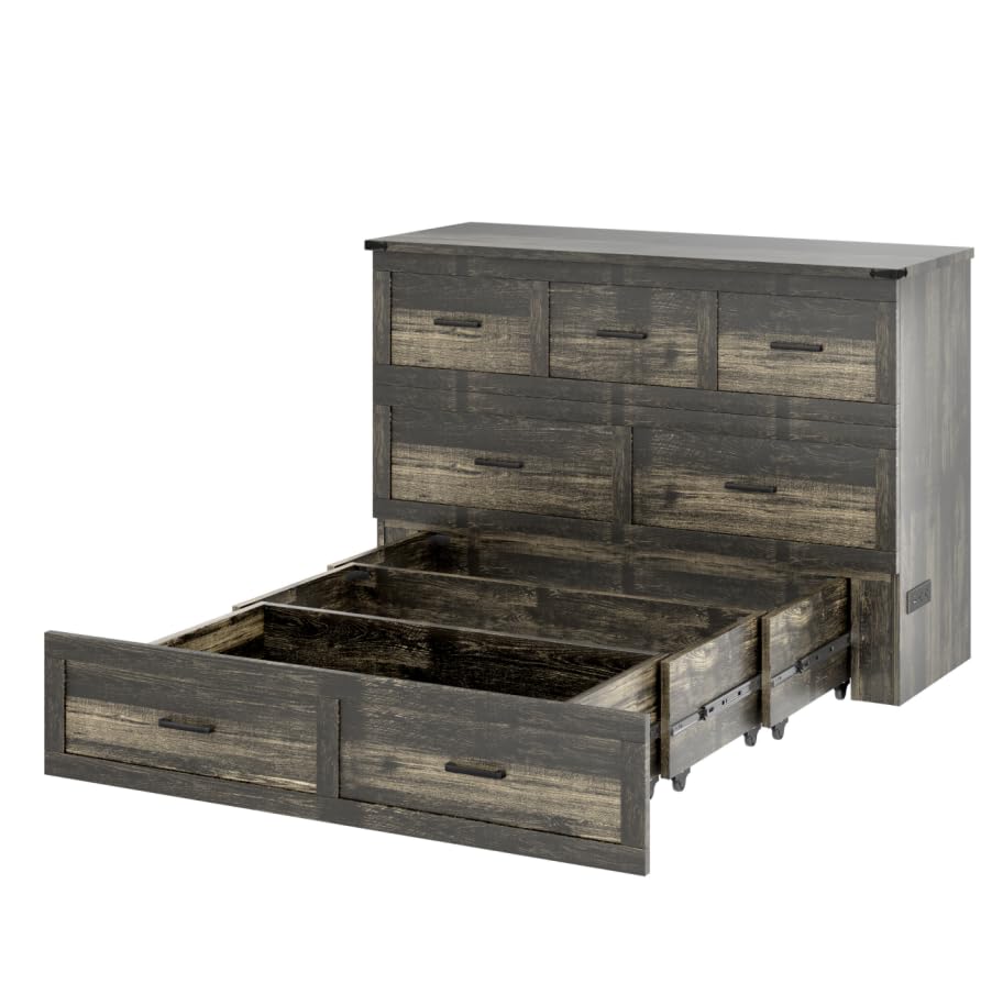 Bellemave Queen Murphy Bed, Cabinet Bed with Charging Station and Storage, Farmhouse Murphy Cabinet with Foldable Panel, Noisy Free, for Guest Bedroom, Living Room, Office, Rustic Gray
