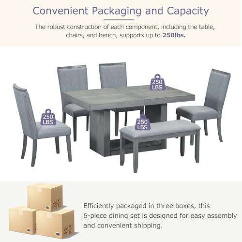 Merax 6-piece Dining Table Set of 4 Upholstered Chairs & 1 Bench Farmhouse Kitchen Furniture Sets with 78inch Extendable Pedestal, Removable Leaf & Natural Rubber Wood Grain Pattern Tabletop, Beige
