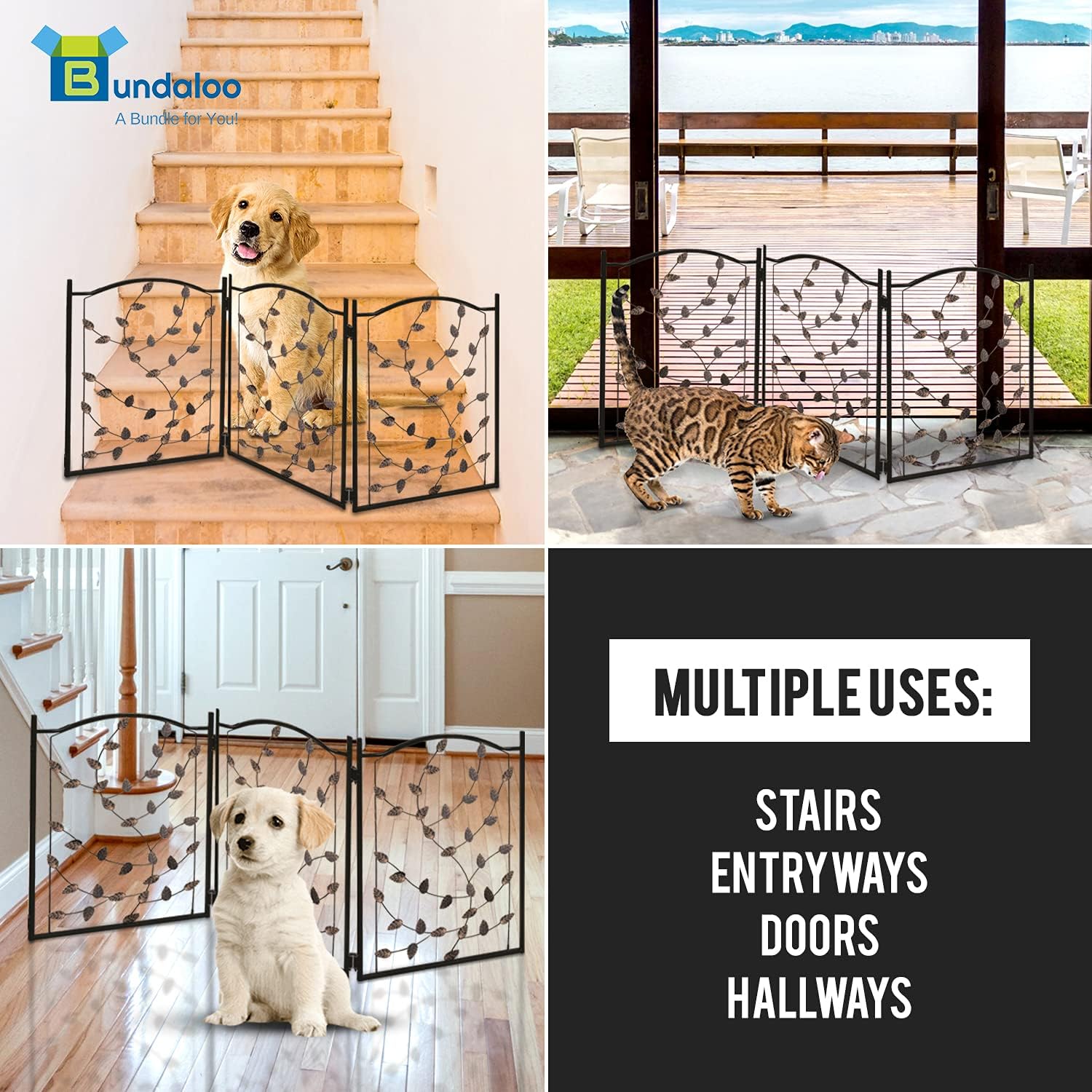 Bundaloo Freestanding Metal Folding Pet Gate | Large Portable Panels for Dog & Cat Security | Foldable Enclosure Gates for Puppies | Indoor & Outdoor Safety for Pets (Black Rustic, Metallic Leaf)