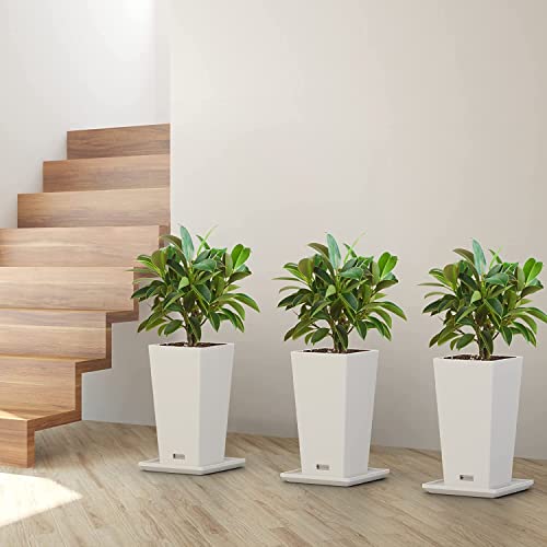 Elevens 2-Pack White Outdoor Planters 24 Inch, Plastic Square Tapered Planters for Indoor Outdoor Plants, Large Planters with Tray for Patio.