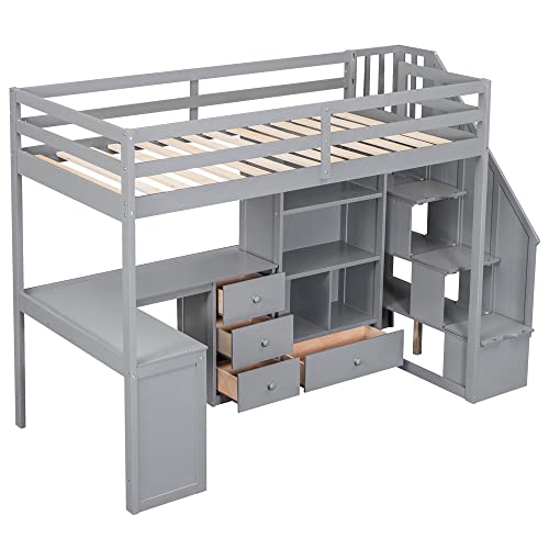 Modern Wooden Full Size Loft Bed with Desk and Shelves,Two Built-in Drawers and Storage Staircase,for Kids Boys Girls Teens Adults Bedroom (Gray@Desk, Full)