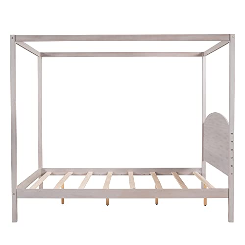 Full Size Canopy Platform Bed, Modern 4-Poster Panel Beds Frame, with Headboard and Support Legs, Noise Free/No Box Spring Needed, Grey Wash,bed frame(Brown,Full)