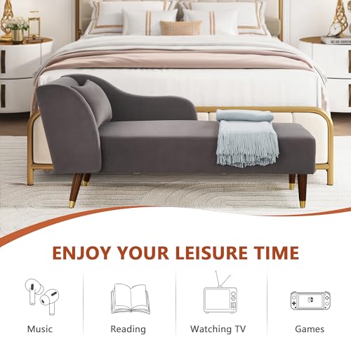 58" Chaise Lounge Indoor, Velvet Upholstered Left Arm Chaise Lounge Chair with Curved armrest & Pillow, Modern Bench Chaise Lounge Sofa for Bedroom Living Room Office, Beige
