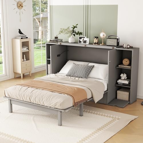 Modern Full Size Murphy Bed with Bookcase on Each Side, Solid Wood Mobile Murphy Chest Platform Bed with Drawers and USB Ports for Guest Room Home Office (White-F0)