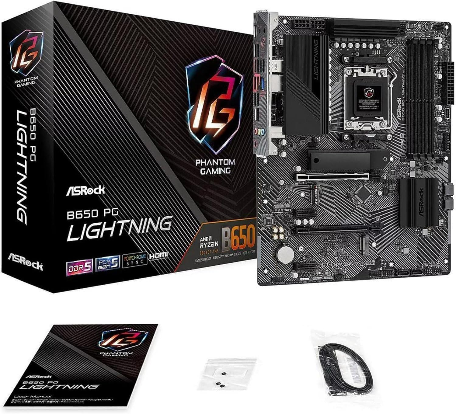ASRock B650 PG Lighting AM5 ATX Motherboard Bundle with AMD Ryzen 5 7600X, 4 Slots DDR5, PCIE 4.0 x16, 3 M.2 Slots, 2.5Gb LAN, 7.1 Nahimic Audio, Rear USB3.2 Gen2x2 Type-C, 14+2+1 Power Phase