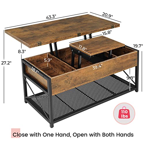 Itaar Lift Top Coffee Table, 4 in 1 Coffee Table with Storage for Living Room, Small Coffee Table with Hidden Compartment and Open Shelves for Dining Room, Black