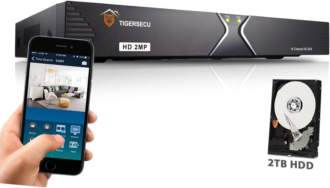 TIGERSECU Super HD 1080P 16-Channel Hybrid 4-in-1 DVR Security Recorder with 2TB Hard Drive, for 2MP TVI/5MP TVI/AHD/CVI/Analog Cameras (Cameras Not Included)