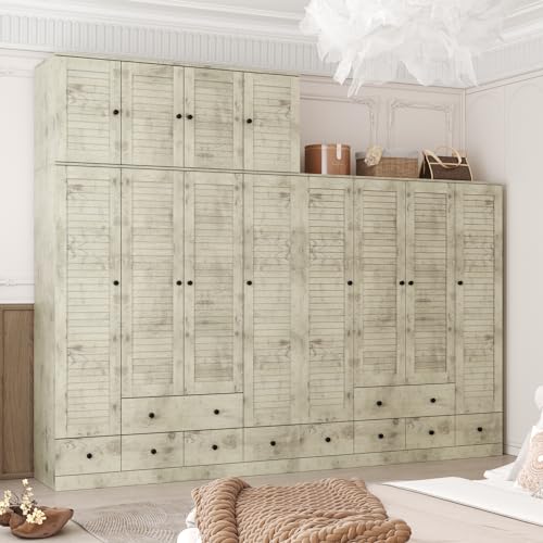 ECACAD Extra Tall Wardrobe Armoire with Top Cabinet, 10 Shelves, 4 Drawers, Hanging Rod & 8 Louver Doors, Wooden Closet Storage Cabinet for Bedroom, Light Brown (59”W x 19”D x 94.5”H)