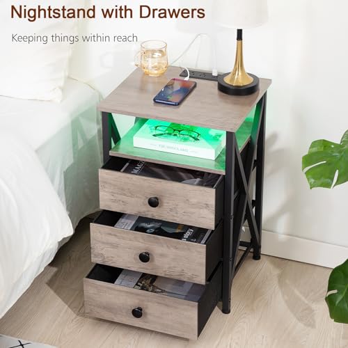 AMHANCIBLE Night Stand Set 2, LED Nightstand with Charging Station, End Side Tables with USB Port & Outlet, Bedside Table with Fabric Drawers for Bedroom Living Room, Dark Grey, HET053LDG
