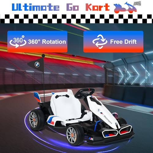 Licensed BMW Electric Go Kart for Kids Ages 6-12, 24V 9AH Drift Kart with Two 200W Motors, LED Lights, Drift Mode& 2 Speed Modes, Adjustable Seat (White)