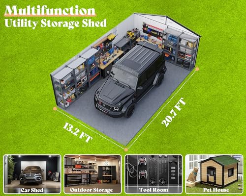 AMERLIFE 13.2x21x8 FT Outdoor Metal Garage Shed, Extra Large Storage Shed with Double Hinged Doors, 4 Windows, Carport for Car, Truck, Motorcycle and Lawn Equipment, Dark Grey