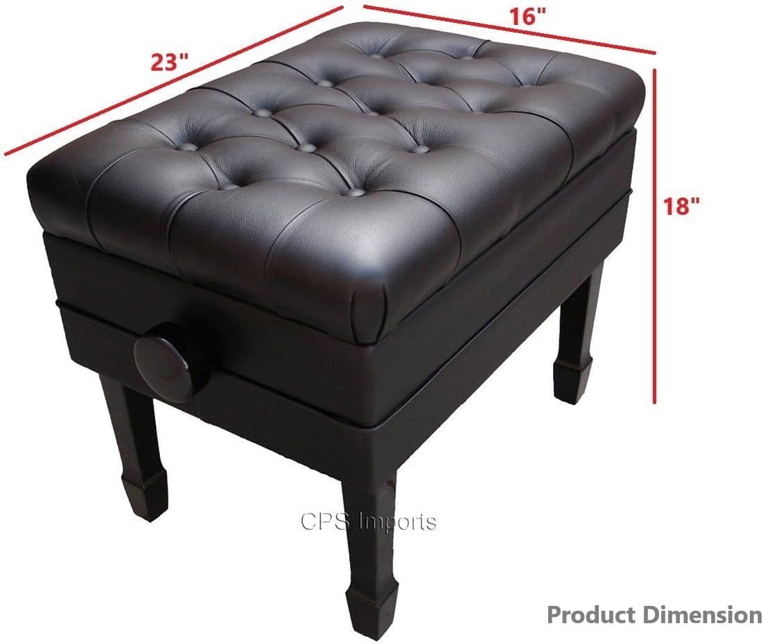 Genuine Leather Adjustable Artist Concert Piano Bench Stool in Ebony with Music Storage