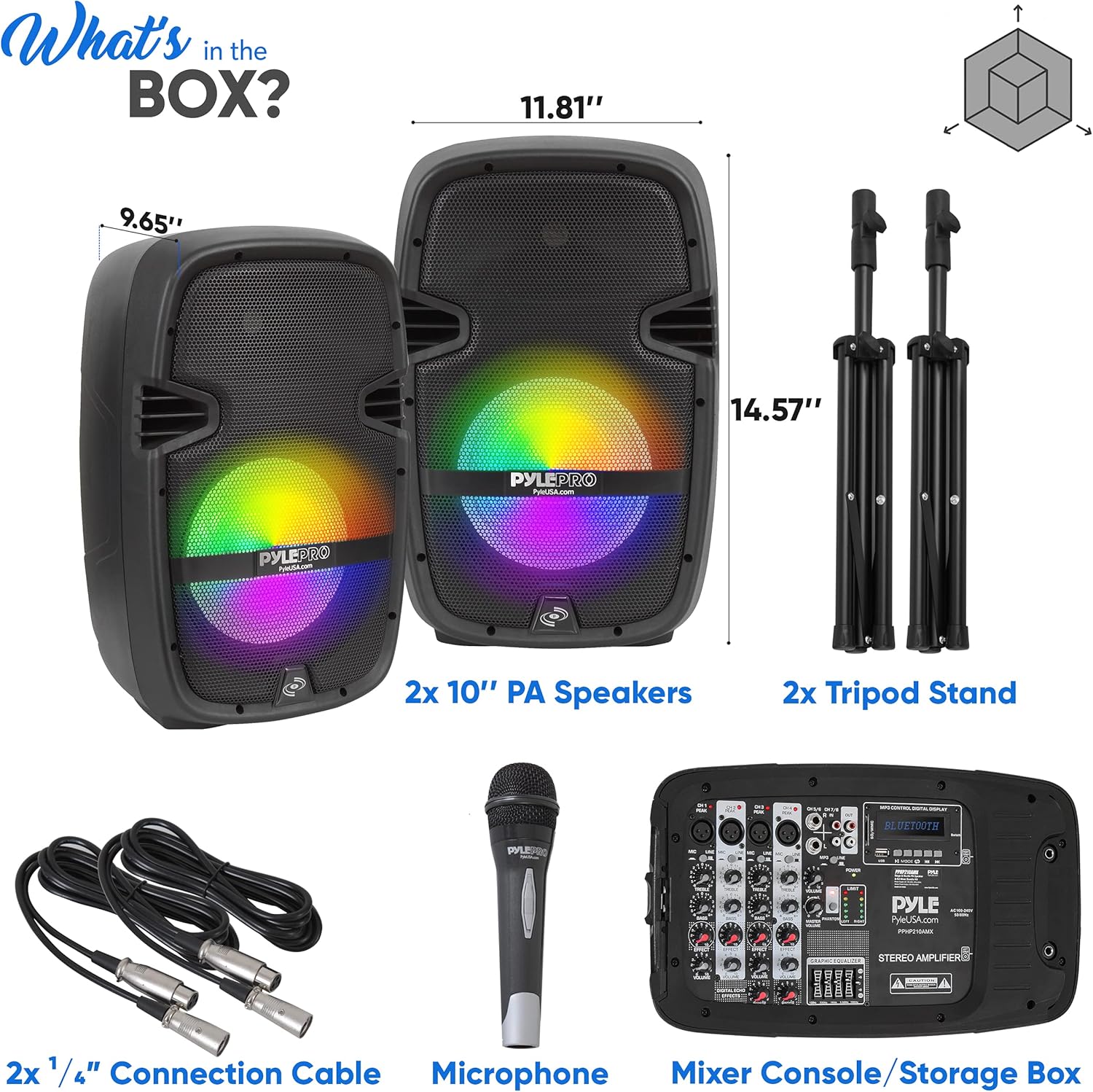 PA Speaker DJ Mixer Bundle - Portable Wireless Bluetooth Sound System w/ USB SD XLR 1/4 RCA Inputs, LED Lights - Dual Speaker, Mixer, Microphone, Stand, Cable - Home/Outdoor- Pyle PPHP210AMX,Black
