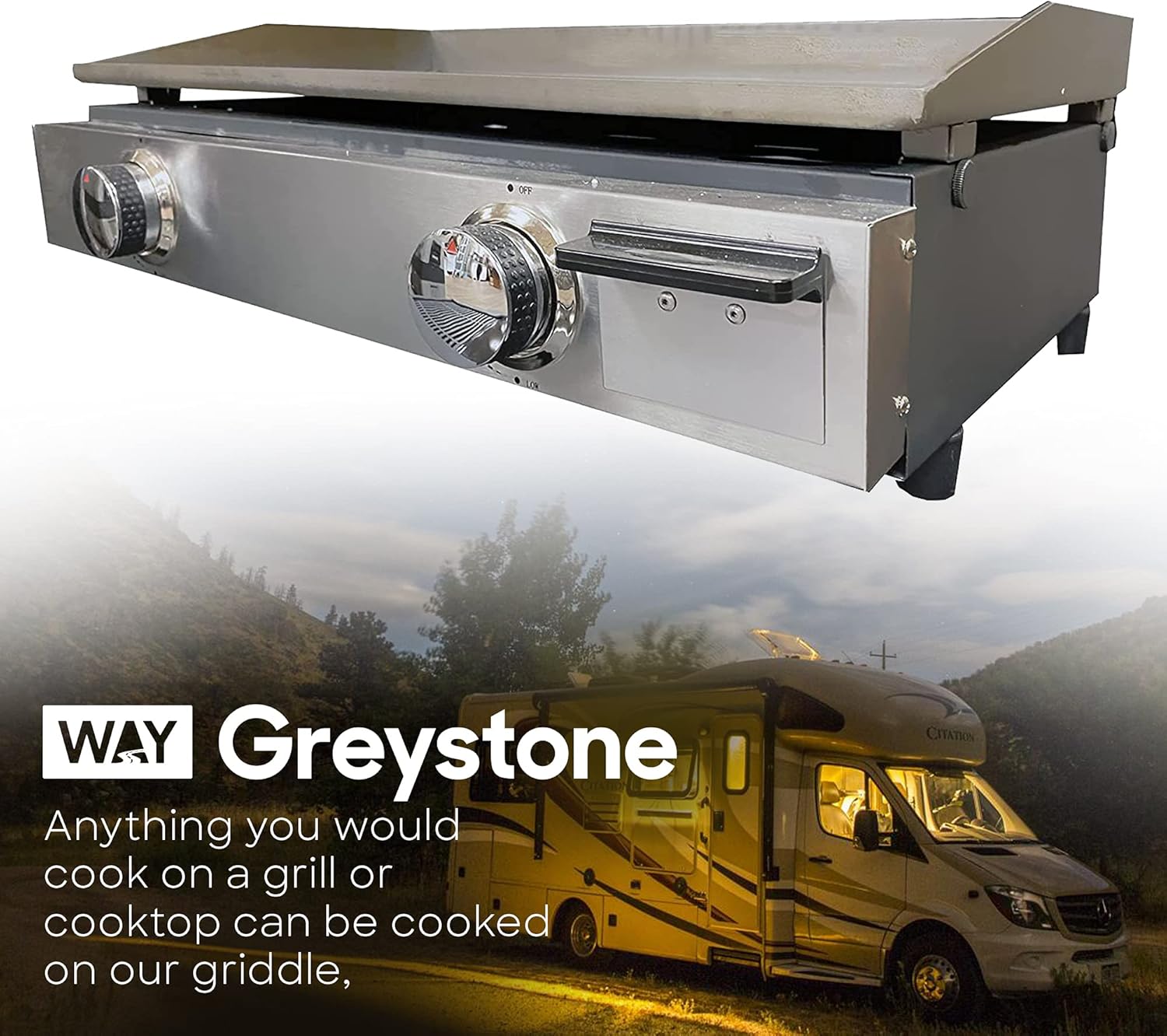 Way Interglobal Greystone RV Griddle, 25 Inches, Stainless Steel Panel, (2) 15,000 BTU Burners, Black