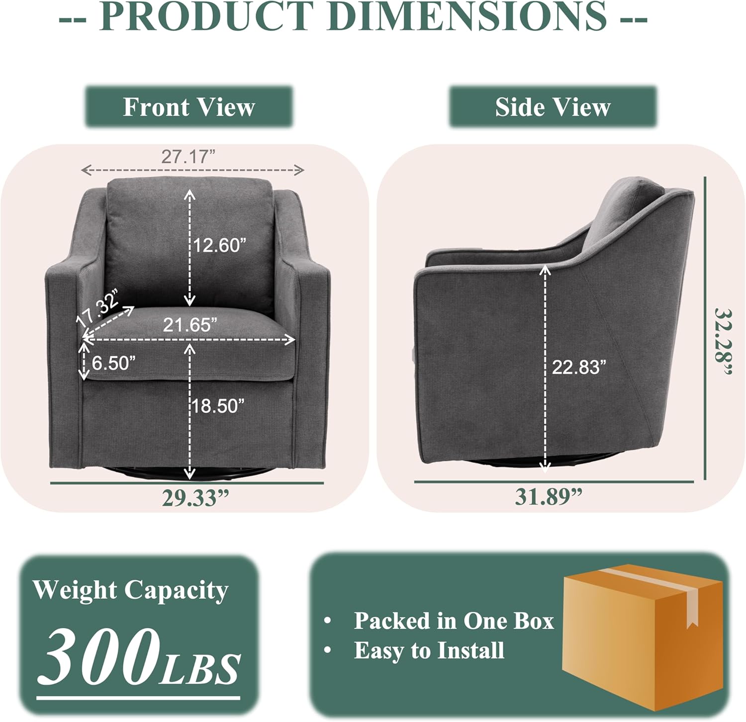 COLAMY 360° Swivel Accent Chair Set of 2, Upholstered Fabric Leisure Armchair with Lumbar Pillow for Living Room Bedroom Home Office, Grey