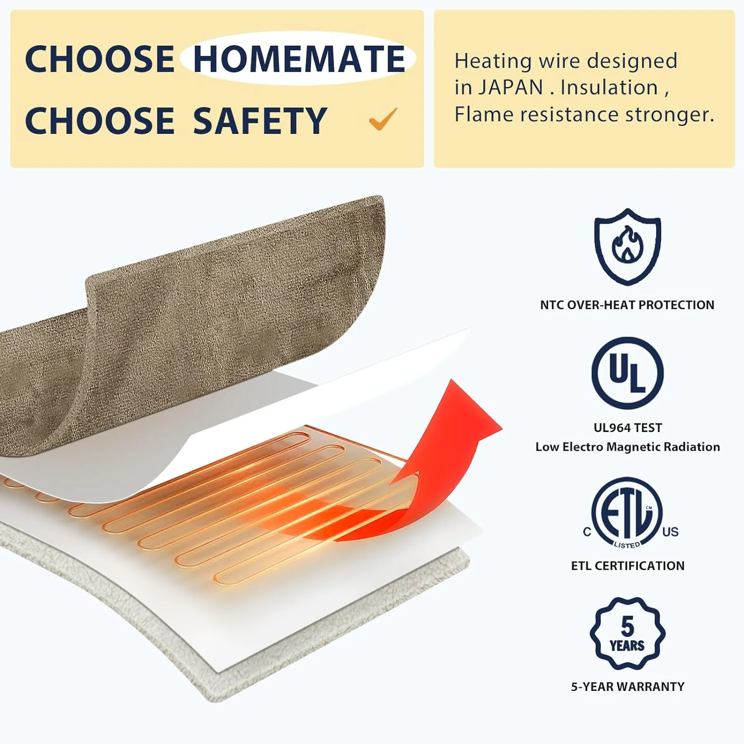 Homemate Electric Heated Blanket King Size , 100"x90" Heating Bed Blankets with 10 Heating Levels 8 Hours Auto Off Fast Heating Over-Heated Protection Ultra Soft Warm Flannel ETL Certified, Beige