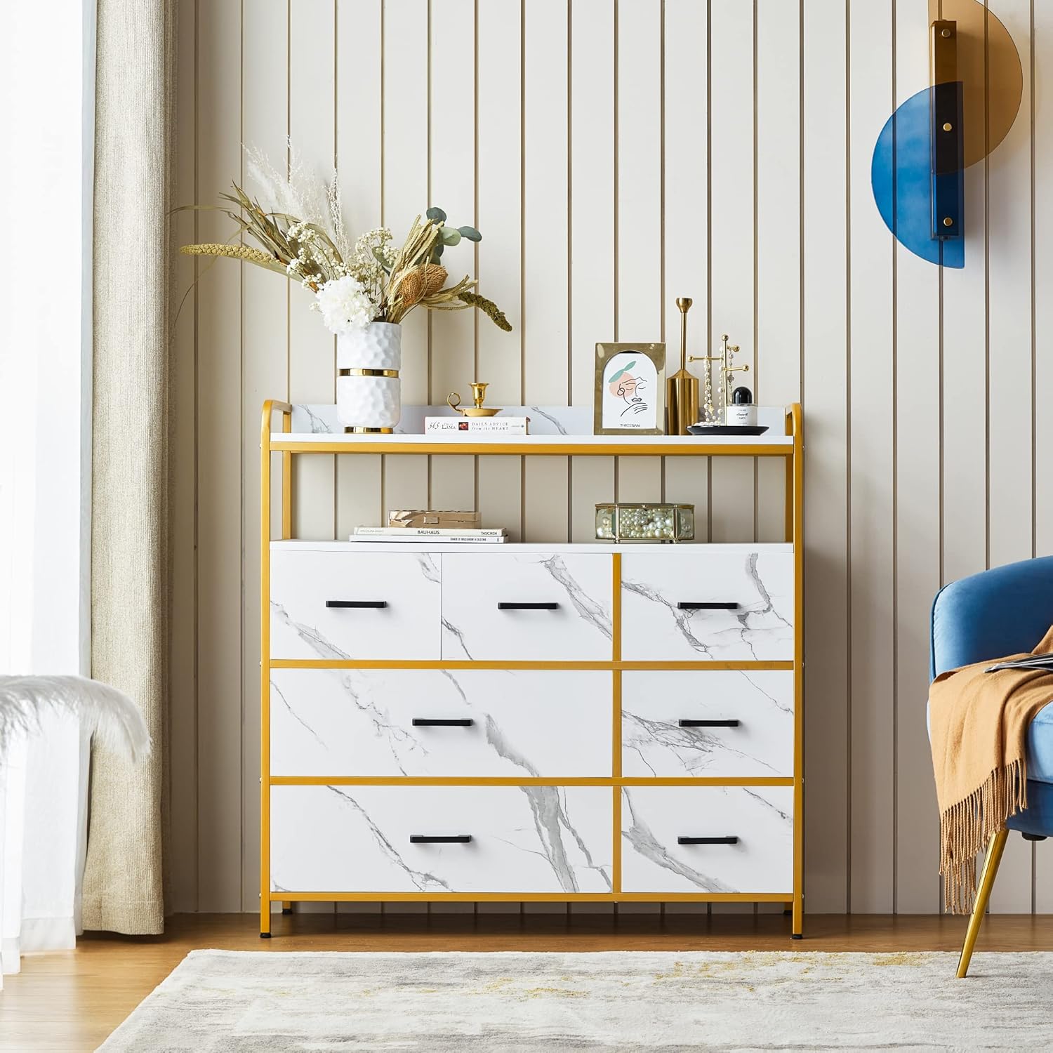 LINSY HOME Dresser for Bedroom, White Chest of Drawers with Double Shelf and 7 Drawers, Storage Organizer for Closet, Living Room, Entryway, Sturdy Steel Frame, Wood Top
