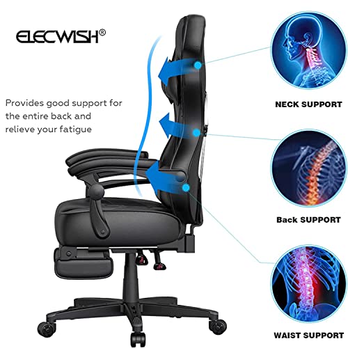ELECWISH Computer Gaming Chair with Footrest, Ergonomic Gamer Chair for Adults, High Back Adjustable Swivel Desk Chair with Lumbar Support, PU Leather Racing Style Chair, White