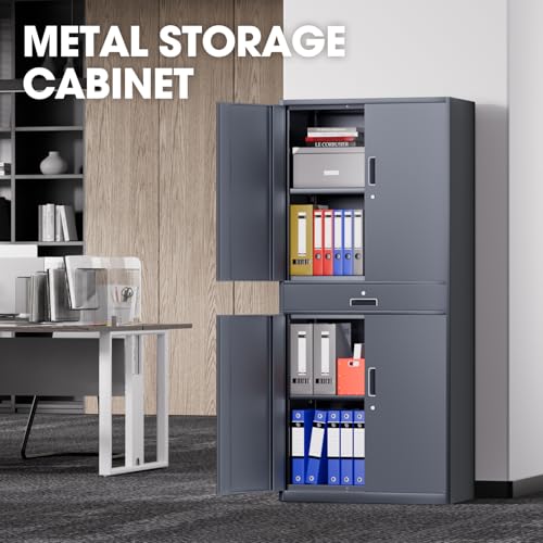 DNA MOTORING 71'' Metal Storage Cabinet, Locking Tool Cabinet with 1 Drawer and Adjustable Shelves, Lockable Heavy Duty Metal Locker for Garage,Office,Home,Gym, Gray, TOOLS-00629-GY-GY-A