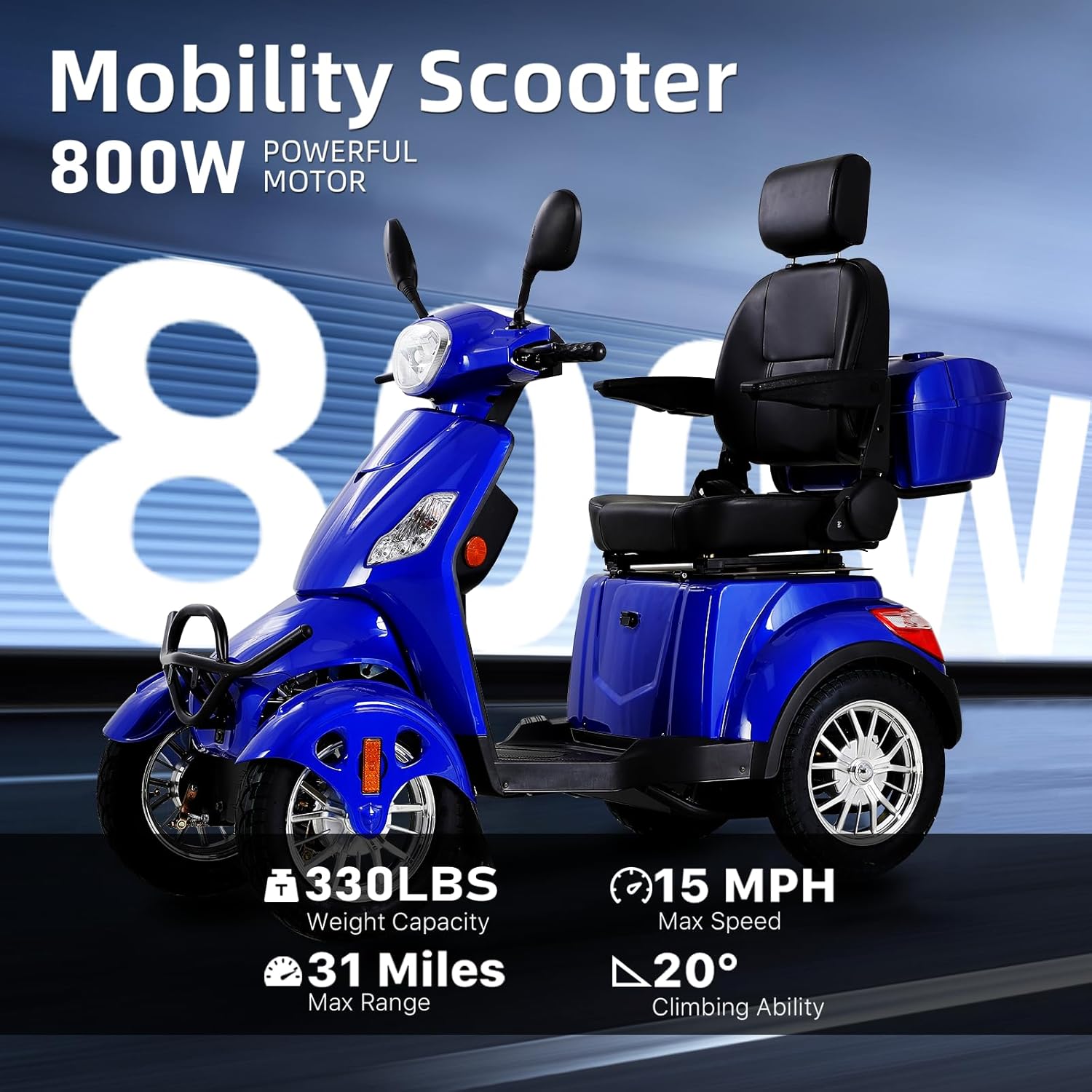 Heavy Duty Mobility Scooter, 800W 4-Wheel All Terrain Electric Vehicle, 3-Speed Adjustable, 35 Miles Range, Adjustable Seat, Rear Lockbox, 550 lbs Capacity, for Adults & Seniors, Blue