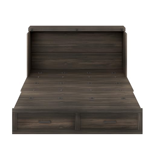 Wooden Murphy Cabinet Bed Frame with Charging Station, Full-Size Foldable Wall Bed with Large Storage Drawer for Home Apartment Limited Living Places, Space-Saving Hidden Bed No Box Spring Needed