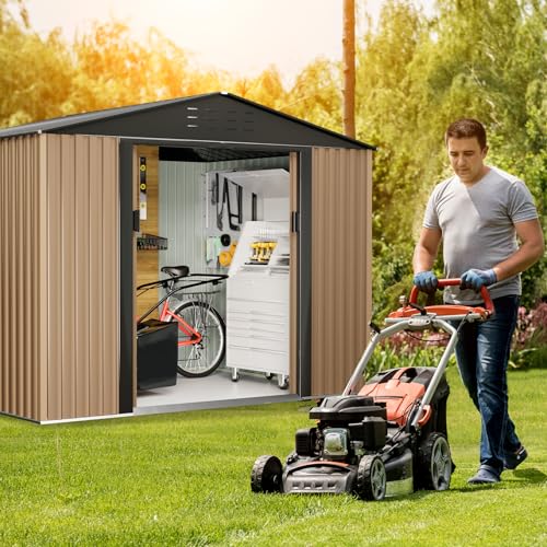 Outdoor Storage Shed, 8 x 6 FT Metal Storage Shed, Metal Garden Tool Shed with Roof, Door & Lock, Waterproof and Anti-UV, for Patio Garden Yard, Brown