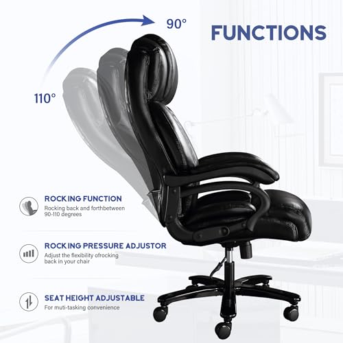 Big and Tall Office Chair, 500lbs High Back Large Executive Chair with Electric Airbag Heating High Back Computer Chair with Wide Seat, Black Ergonomic Leather Rocking Chair