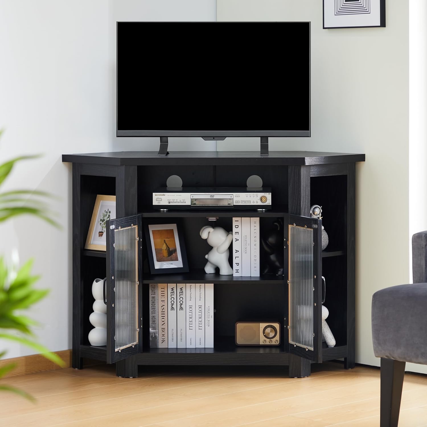 Corner TV Stand for TVs up to 50 Inch, Media Entertainment Center with Storage Shelves and Glass Doors, Console Table Buffet Cabinet for Living Room Bedroom