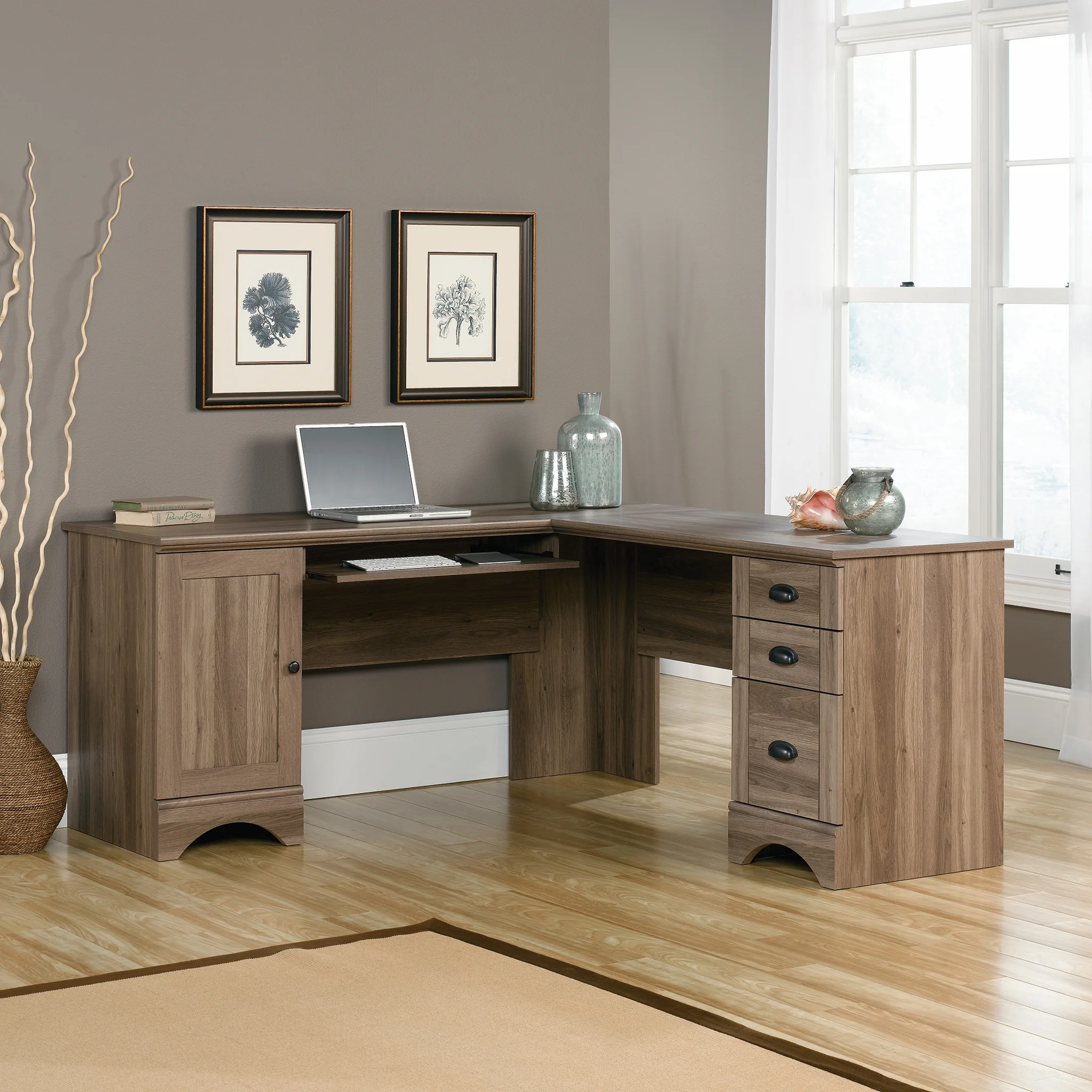 Sauder Harbor View L Shaped Computer Desk with Storage in Salt Oak