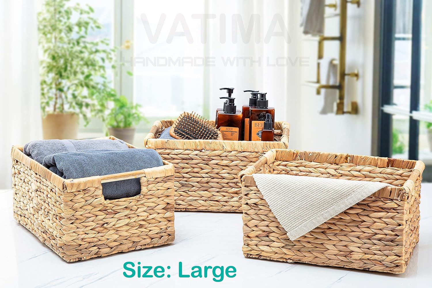 VATIMA Large Wicker Basket Rectangular with Wooden Handles for Shelves, Water Hyacinth Basket Storage, Natural Baskets for Organizing, Wicker Baskets for Storage 14.5 x 10.3 x 7.2 inches