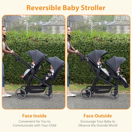 GAOMON Double Stroller Track Tandem Stroller for Infant and Toddler, Foldable Pushchair Bassinet Pram, Multi-Position Reversible & Adjustable Backrest, Large Storage Basket and Canopy, Light Gray