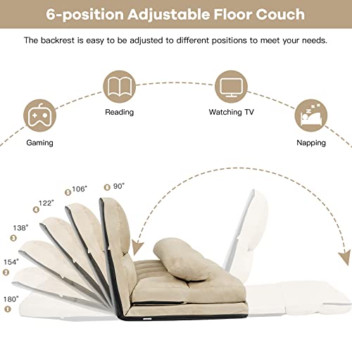 COSTWAY Floor Sofa Couch with 2 Pillows, Foldable 6-Position Adjustable Lazy Sofa bed Sleeper with Metal Frame, Soft Suede Fabric, Gaming Playing Lounge Recliner for Adults (Blue)