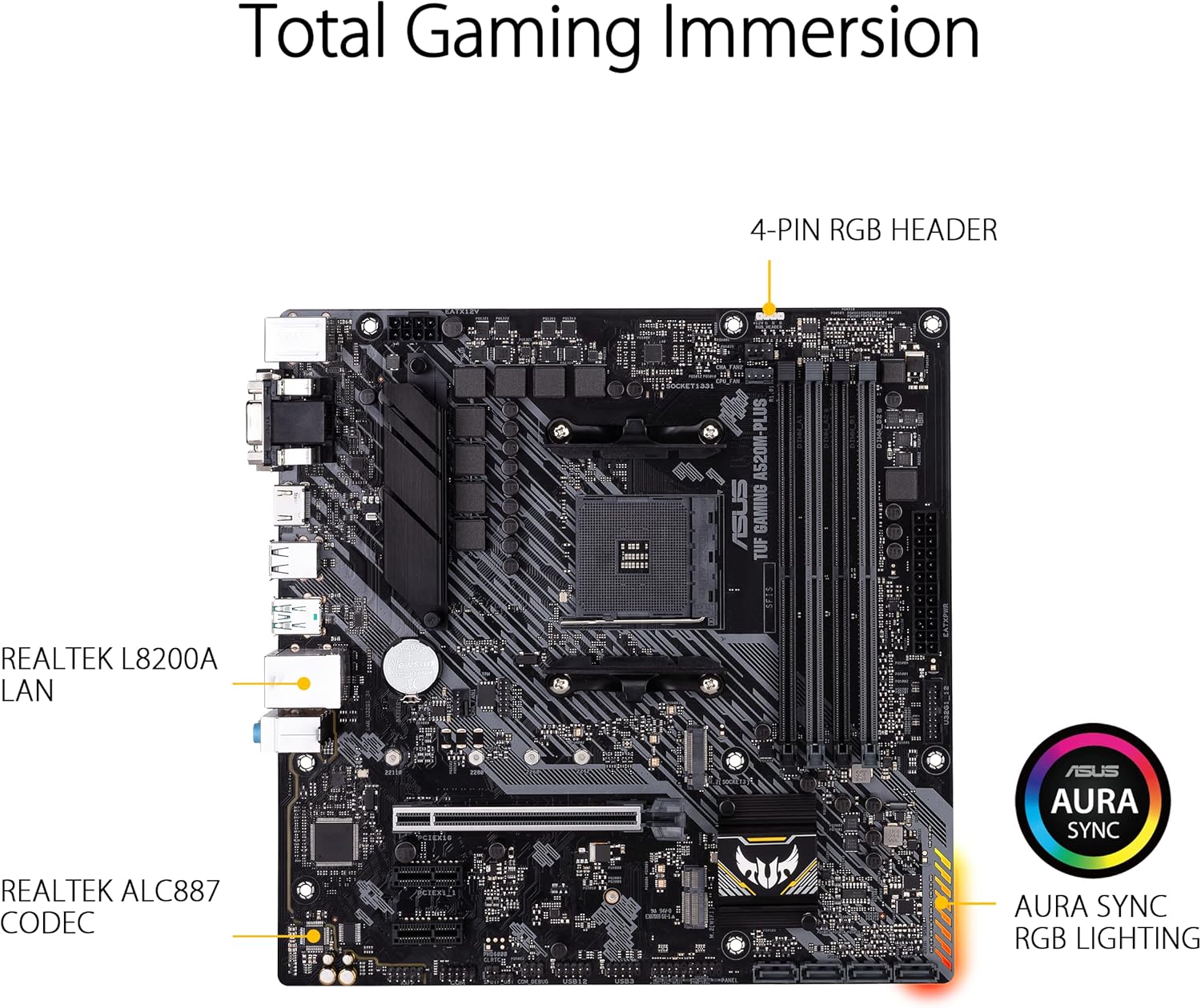 ASUS TUF Gaming A520M-Plus AMD A520 (Ryzen AM4) Micro ATX Motherboard with M.2 Support, 1 Gb Ethernet, HDMI/DVI/D-Sub, SATA 6 Gbps, USB 3.2 Gen 2 Type-A, and Aura Sync RGB Lighting Support,