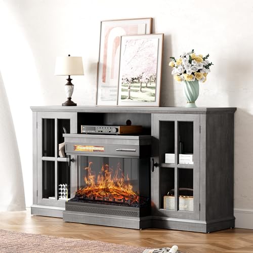 YESHOMY Glass Fireplace TV Stand for Televisions up to 65", Media Entertainment Center Console Table with Doors Closed Storage, Gray