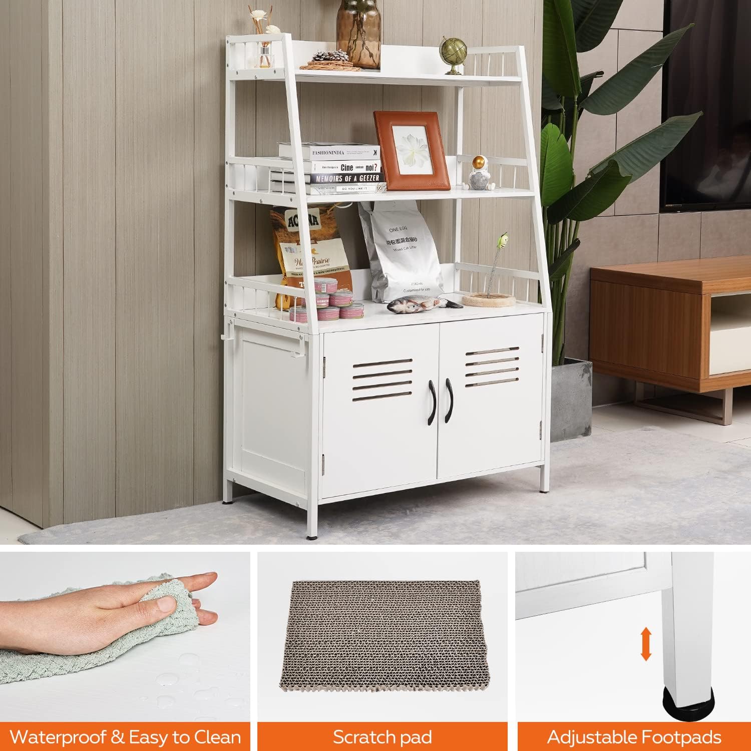 Hidden Cat Litter Box Enclosure Furniture with Shelf Storage and 2 Doors, Wooden Cat Cabinet Sturdy Cat Washroom with Scratch Pad White