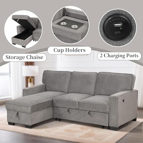 Convertible Sleeper Sofa 3 in 1, Chenille Modern L-Shaped Couches for Living Room, Pull Out Sectional Futon Sofa Bed with Storage Space, USB Ports and Cup Holders for Bedroom, Grey