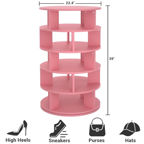 Aheaplus Rotating Shoe Rack, 5-Tier Wood Shoe Organizer for Closet, 360° Spinning Shoe Rack Tower Space-Saving Shoe Storage Shelf for Entryway, Garage, Bedroom, Pink