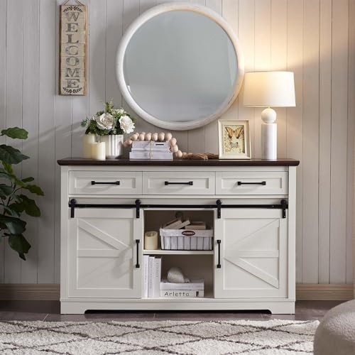 Farmhouse Buffet Cabinet with Storage, 53” Sideboard Cabinet w/2 Doors and 3 Drawers, Rustic Storage Cabinet w/Sliding Barn Door, Coffee Storage Cabinet for Dining Room, Living Room, Dark Grey
