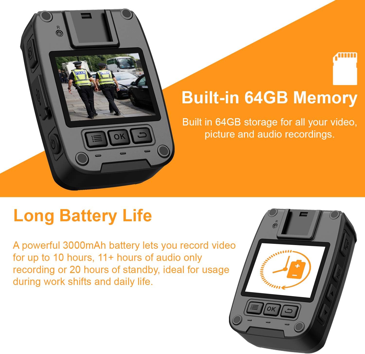 Rexing P1 Body Worn Camera, 2” Display 1080p Full HD, 64G Memory,Record Video, Audio & Pictures,Infrared Night Vision,Police Panic Mode, 3000 mAh Battery,10HR Battery Life,Waterproof,Shockproof