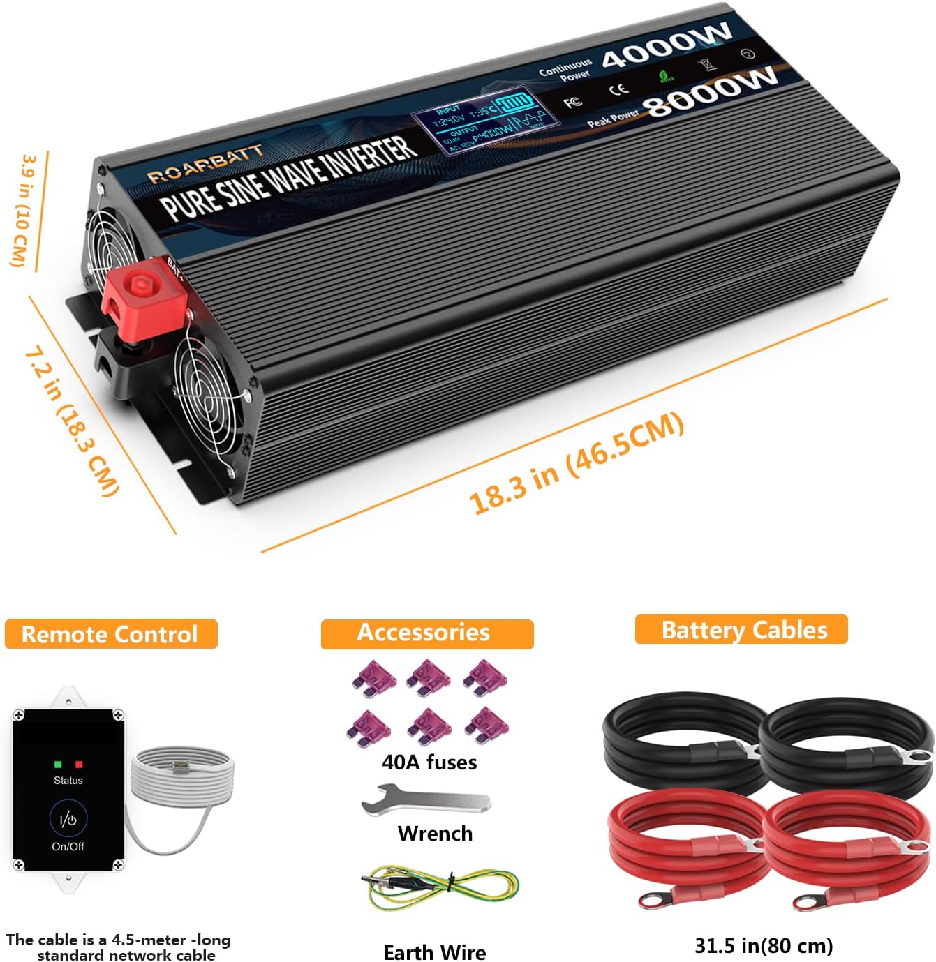 Pure Sine Wave Power Inverters 4000Watt 12V DC to AC 110V 120V Peak Power 8000Watt with Remote Control 4 AC Outlets and Dual USB Port for CPAP RV Car Solar System Emergency