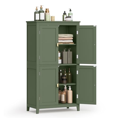 VASAGLE Bathroom Floor Storage Cabinet, Bathroom Storage Unit, Freestanding Cabinet with 4 Doors, Adjustable Shelves, 11.8 x 23.6 x 43.3 Inches, Forest Green UBBC552C01