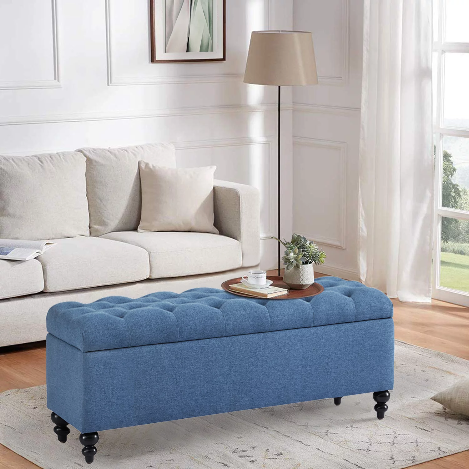 Kinmars 50.2" Ottoman with Storage, Large Storage Bench with Button-Tufted, Safety Hinge Ottoman in Upholstered Fabrics for Bedroom, Living Room(Blue)