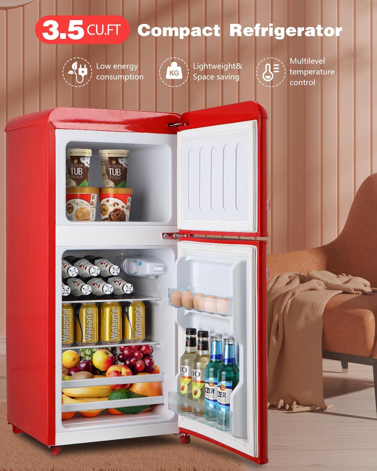 3.5 Cu.Ft Compact Refrigerator, Retro Fridge with Dual Door, Small Refrigerator with freezer,7 Level Adjustable Thermostat for Garage, Dorm,Bedroom, Office, Apartment-Red