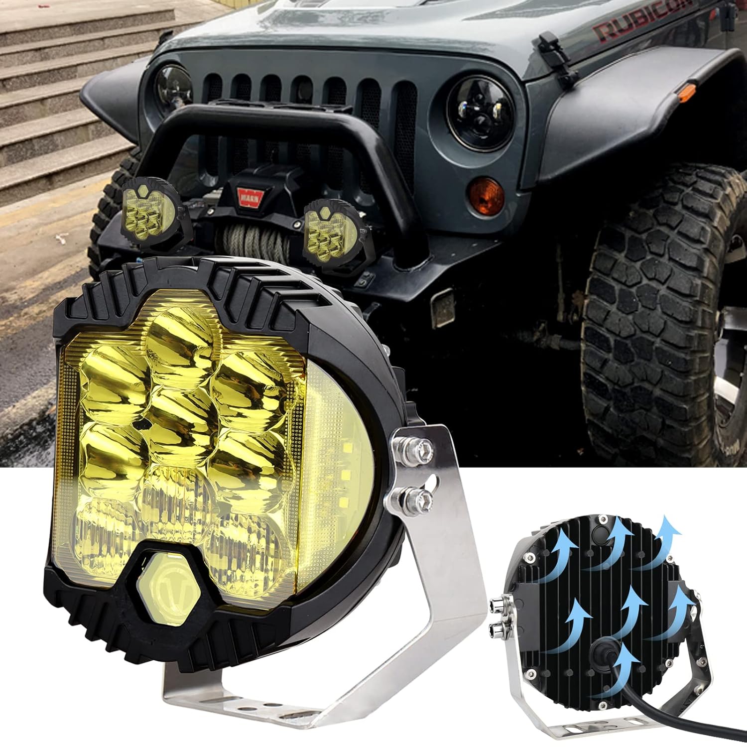 JoaSinc 7 Inch 90W Side Shooter Led Light Pod LED Light Bar Yellow Lens Combo Spot Flood Off Road Amber Fog Lights Driving Lamp IP67 Waterproof for Truck SUV ATV Car Boat